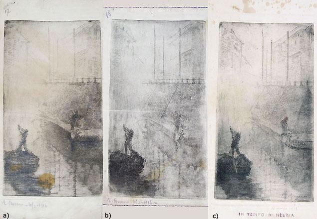 Ernesto Bazzaro, a view of the Darsena in Milan, three proofs